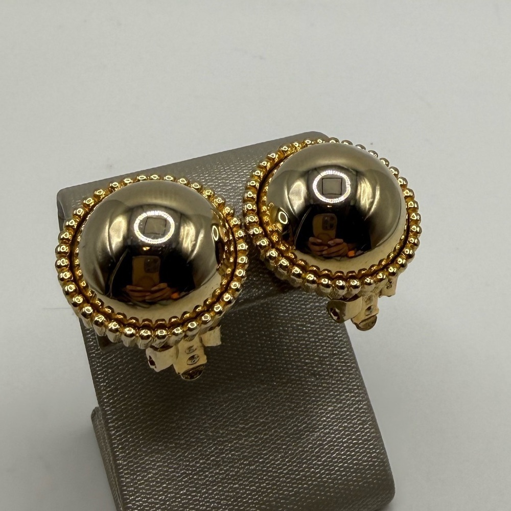 Vintage Gold-Tone Dome Clip-On Earrings – Pat. Pend, Beaded Edge